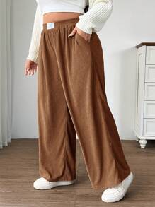 Solflare 大码女式灯芯绒面料高腰宽松阔腿裤，带口袋和贴饰，适合校园、日常穿着、室内工作、秋冬季 - 棕色 - 查看 6
