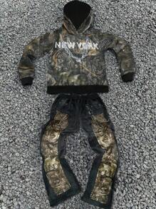 Manfinity EMRG Men's Autumn/Winter Letter Print Long Sleeve Hooded Sweatsuit, Casual Set - Multicolor - View 1