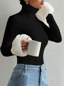 SHEIN Unity Tight Casual High Collar Colorblock Fluffy Sleeve Hem Sweater Knit Pullover Fall Winter Sweater - Multicolor - View 4