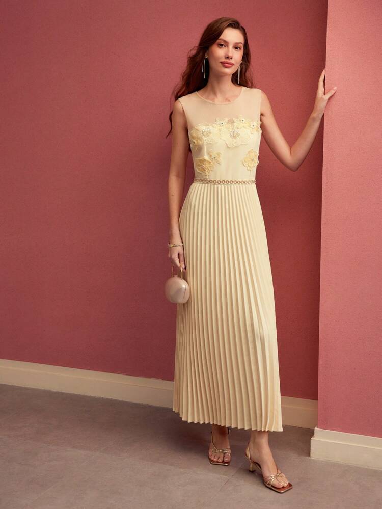 CONTRAST MESH FLORAL PATCHED PLEATED DRESS, SLEEVES MIDI DRESS, VALENTINE'S DAY,SPRING/SUMMER