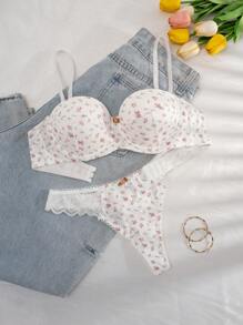 PetitDoll 2pcs/Set Women Lace Patchwork Wirefree Lingerie Bra And Panty Set, Spring Clothes - White - View 7