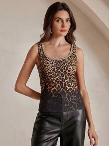 Anewsta Women's Modern Camisole Top With Slim Fit Leopard Print & Rhinestone Trim