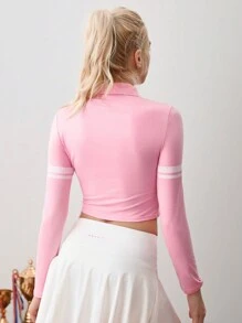 SHEIN Unity 女士正面纽扣长袖数字印花运动 T 恤和背心，适合情人节 - 粉色 - 查看 2