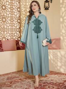 Al Najma Plus Size Elegant Minimalist Arabic Style Hooded Robe, Modest Kaftan - Green - View 6