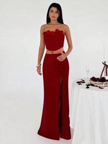 Aloruh Women's Elegant And Romantic Valentine's Day Red 3D Flower Decorated High Waist High Slit Skirt Long Skirt - Red - View 7