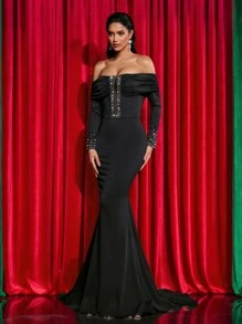 Glamrae 优雅黑色露肩长袖褶皱网眼透视深 V 奢华重工业三维热钻手工串珠鱼尾重工业晚礼服、晚礼服、正式舞会礼服，适合婚礼嘉宾、毕业典礼 - 黑色 - 查看 6