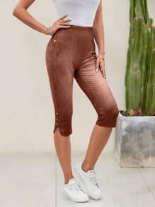 EMERY ROSE Denim Effect Printed Elastic Waist Button Detail Slit Hem Capri Leggings Summer - Redwood - View 3