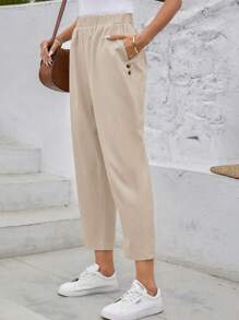 EMERY ROSE Women's Elastic Waist Pocketed Casual Pants Summer Pants - Apricot - View 5
