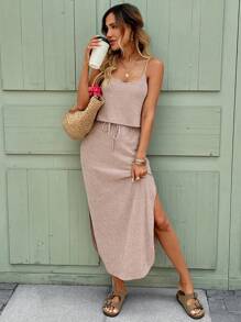 SHEIN LUNE Women's Casual Ribbed Sleeveless Split Hem Drawstring Dress, Basic Spring/Summer Daily Outfit,Casual - Dusty Pink - View 5