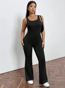 SHEIN Privé Pantalones de pierna ancha de unicolor para yoga de verano de talla grande para mujeres con diseño calado, overol negro entallado de una pieza tipo mono - Negro - Ver 8