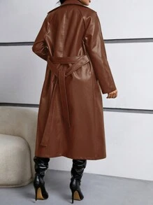 SHEIN Essnce Cappotti in pelle lunghi per donne taglia forte, nuovi cappotti alla moda, cappotti in pelle antivento, per feste di Capodanno e vacanze - Castano - Visualizzare 2