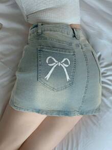 DAZY 女式休闲水洗蝴蝶印花牛仔迷你裙牛仔裙 - 淺色水洗藍 - 查看 3