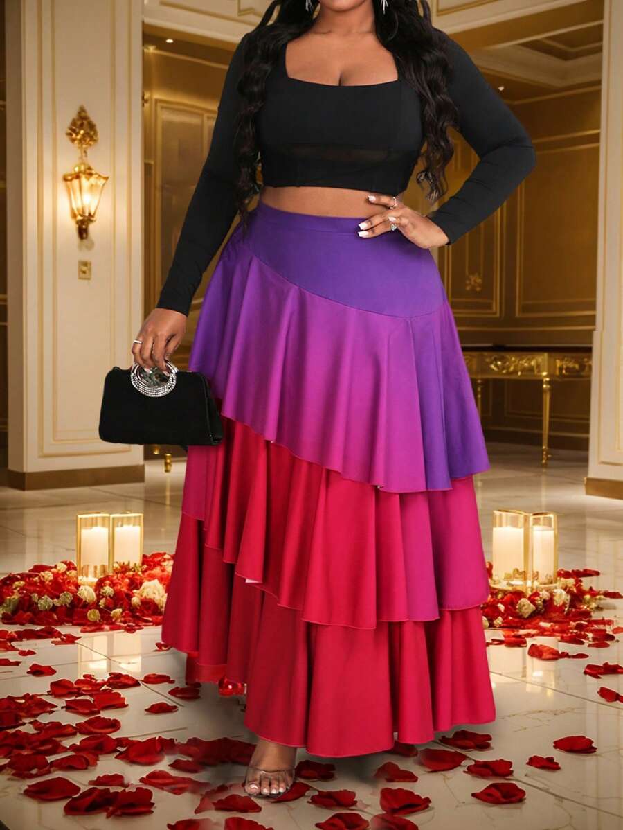 Slaydiva Plus Size Women's High Waist Patchwork Multi-Layer Ruffle Gradient Color Midi Skirt, Fashionable - Multicolor - View 1