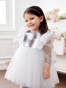 SHEIN Adorable y elegante vestido formal sin mangas con volantes y encaje para niña - Blanco - Ver 1
