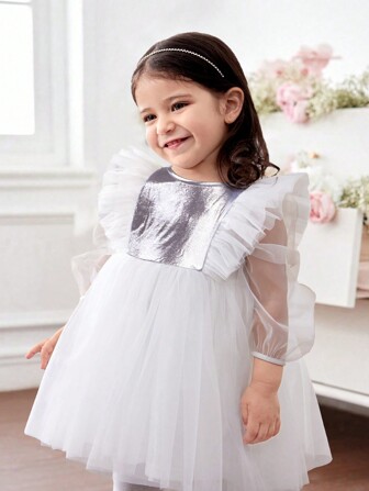 SHEIN Liebevolle & elegante Baby-Mädchen Mesh-Plissee silberne Rüschensaum ärmelloses Abendkleid