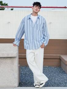 DAZY 男士蓝白休闲学院风长袖衬衫，秋装 - 藍白色 - 查看 6