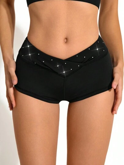 Cheerettes Dam Asymmetrisk midja Mode Träning Diamant Cheerleading Dans Daglig Träning Sportshorts För Scen Spandex Shorts