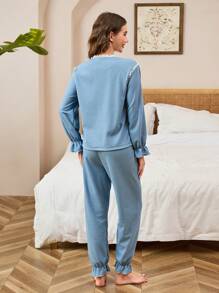 SHEIN Bộ đồ mặc ở nhà 2 món áo len cardigan và quần dài thoải mái, thanh lịch, màu xanh lam dành cho nữ - Màu xanh lam - Xem 2