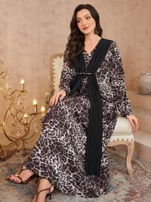 Al Najma Women's V-Neck Pullover Pleated Chiffon Kaftan Dress With Leopard Print, Spring/Summer - Multicolor - View 1