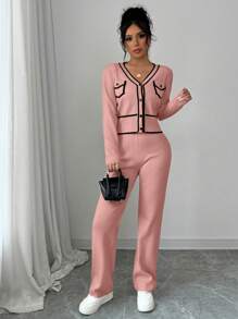 Elenzga 2pcs/Set Casual Color Block Trim Cardigan Sweater & Pants Set, Autumn/Winter - Pink - View 6