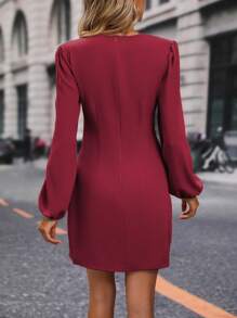 EMERY ROSE French Lantern Sleeve Ruched V-Neck Elegant Women Dress Fall Cloth For Women - Burgundy - View 2