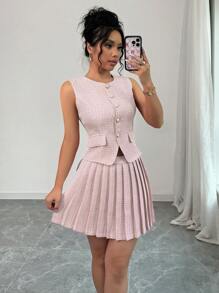 Elenzga Elegant Plaid Front Button Vest And Pleated Skirt 2 Pieces Set - Multicolor - View 6