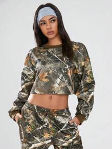 Lunelith SHEIN Lunessa 1 pièce Ensemble femme 2 pièces, sweat-shirt à capuche imprimé branche vert militaire polyvalent et décontracté, et pantalon large