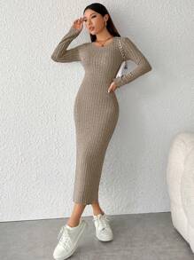 SHEIN PETITE Robe moulante à manches longues pour l'automne, col rond côtelé, couleur unie pour femme