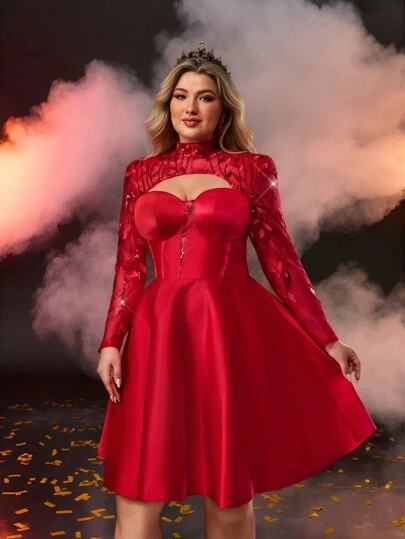 SHEIN Belle 大码红色亮片拼布塔夫绸镂空派对礼服，可爱俏皮，婚礼宾客礼服