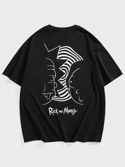 Rick and Morty X SHEIN Men Plus Size Casual Cartoon Print Crew Neck Short Sleeve T-Shirt, Summer, Emo