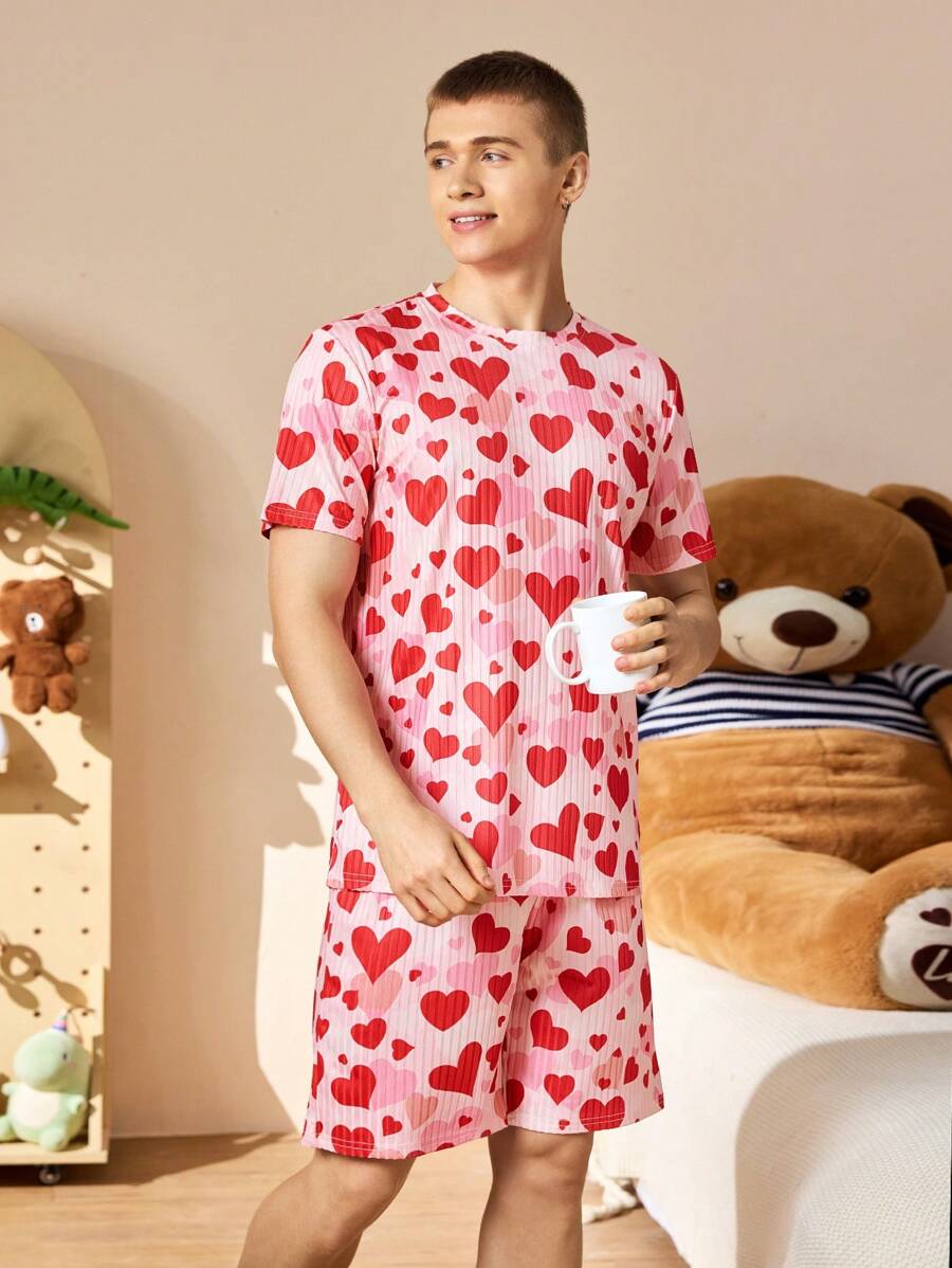 Men's Round Neck Short Sleeve Allover Print Casual Top And Shorts Pajama Set - Multicolor - View 1
