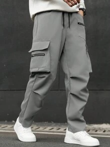 Manfinity Homme Plus Size Men's Casual Solid Color Cargo Pants - Light Grey - View 3