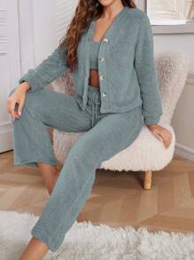 3-delige dames pluche effen kleur sexy outfitset - vest, broek en jas, casual, herfst/winter