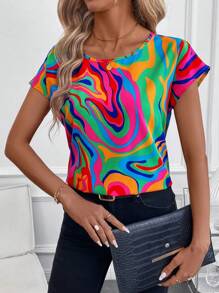 SHEIN Clasi Women's Dropped Shoulder Geometric Loose Shirt, Valentine's Day - Multicolor - View 4