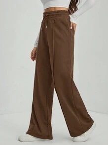 SHEIN Tall Solid Drawstring Waist Wide Leg Brown Sweatpants - Mocha Brown - View 7