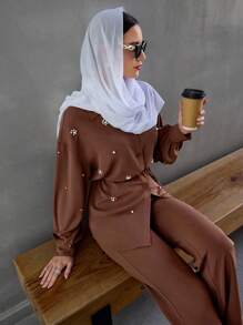 Modelyn 2 件套女士前扣长袖简约上衣和长裤 2 件套 - 棕色 - 查看 5