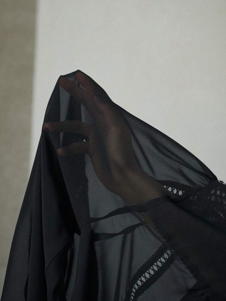 CONTRAST LACE TAPE LANTERN SLEEVE SHEER BLOUSE