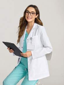 TaskEZ Plain Front Button Long Sleeve Pocket Lab Coat/White Coat - White - View 1