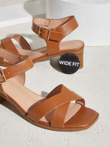 SHUZIA 宽版女式搭扣带交叉带方头木纹粗跟聚氨酯凉鞋 - 加大码舒适、时尚、百搭 - 棕色 - 查看 4