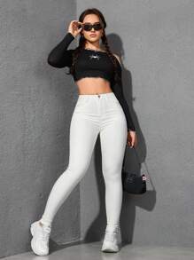 Flexra Casual Simple Solid Color Skinny Jeans Y2k - White - View 3