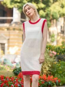 Skyraze Women's Contrast Trim Sleeveless Knit Dress, Ivory, Spring,Valentine's Day,Valentines Sweater - White - View 1