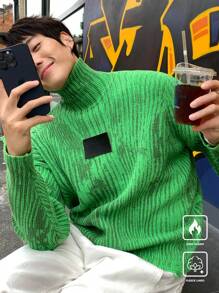Manfinity Roghcode Men's Casual Color Block Striped Turtleneck Sweater, Autumn/Winter - Green - View 6