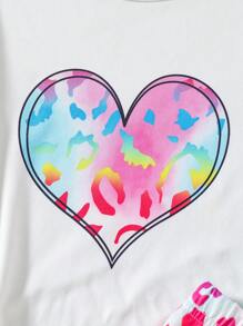 SHEIN Bộ 2 món/Bộ áo thun tay ngắn in hình trái tim kỹ thuật số cho bé gái và quần short in hình trái tim cạp chun, Xuân/Hè - trắng - Xem 6