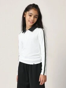 SUMWON 青少年女孩舒适罗纹长袖纯色 T 恤，带饰带，撞色领子 - 白色 - 查看 1