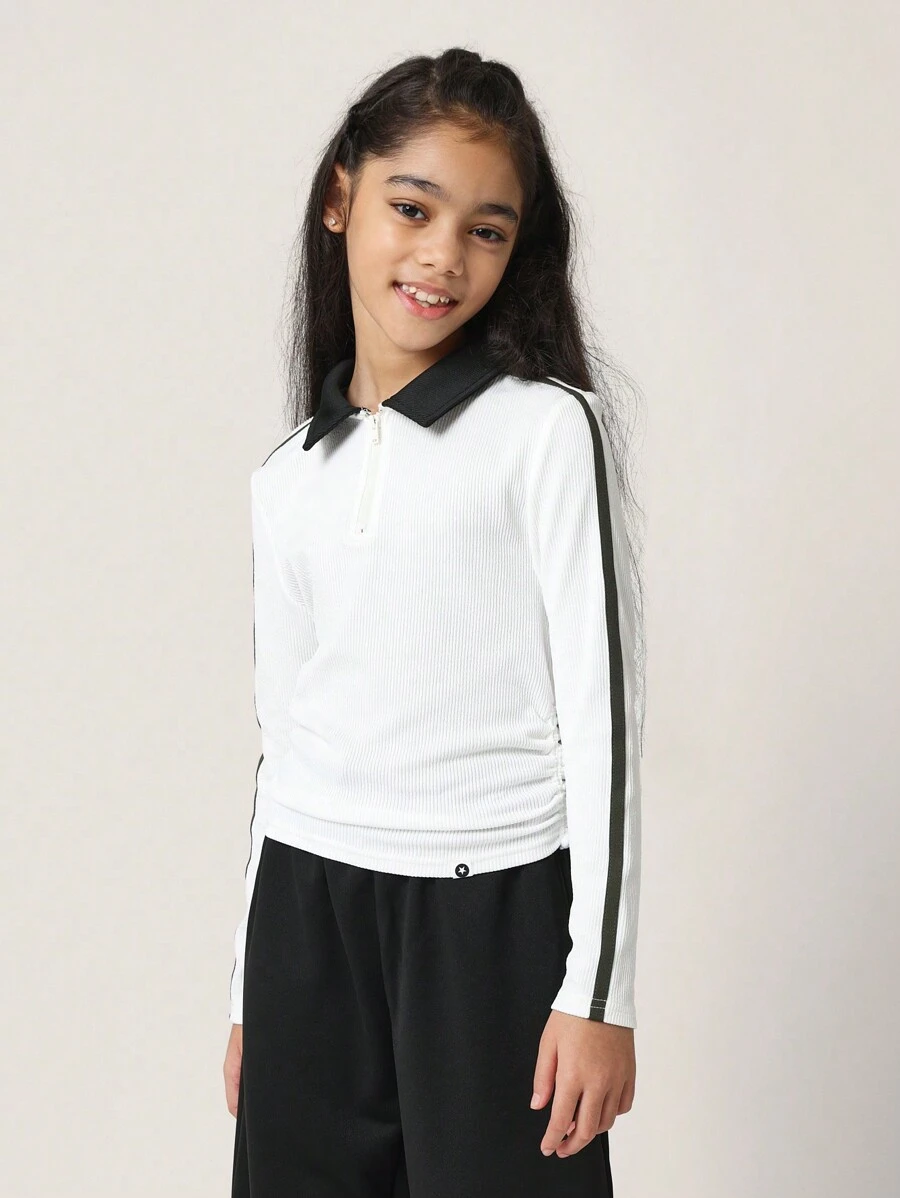 SUMWON 青少年女孩舒适罗纹长袖纯色 T 恤，带饰带，撞色领子 - 白色 - 查看 1