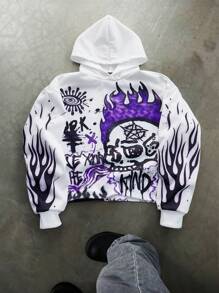 Manfinity EMRG Manfinity Streetrush Men's Youthful Street INS White Pullover Hoodie With Purple Flame Skull Monster Large Graphic And Letter Print, Dark Style, Hot Selling, Short Length. Fall And Winter Men Clothes , Graffiti Hood - Multicolor - View 1