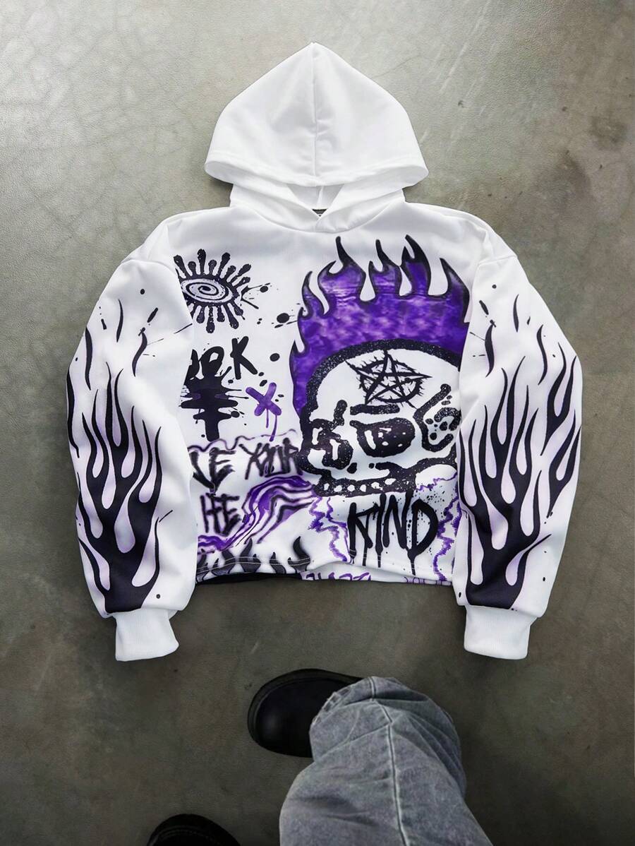 Manfinity EMRG Manfinity Streetrush Men's Youthful Street INS White Pullover Hoodie With Purple Flame Skull Monster Large Graphic And Letter Print, Dark Style, Hot Selling, Short Length. Fall And Winter Men Clothes , Graffiti Hood - Multicolor - View 1