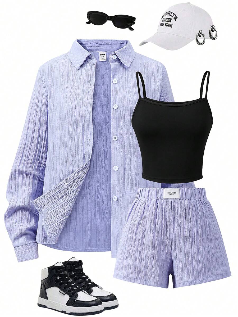 少女休闲纯色长袖衬衫、短裤和吊带套装 - 彩色 - 查看 1