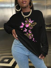 SHEIN Slayr Oversized T-shirt met vlinderprint, lange mouwen en losse pasvorm