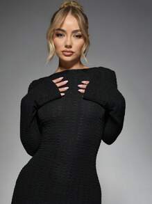 MISSGUIDED Textured Knit Long Sleeve Maxi Dress Scoop Back Evening Gown Full Length Form Fitting Floor Length Special Occasion Fall Winter Party Dress - Black - View 3